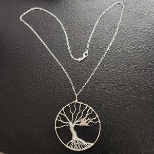 Handmade Tree Of Life Pendant With Bird Charm On Sterling 925 Silver 24" Chain